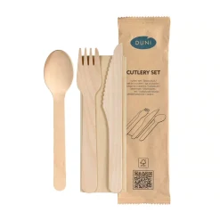 Holzbesteck>DUNI Messer, Gabel, Löffel, braune Serviette 16/16,5/16 cm Natürlich