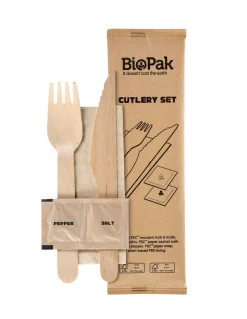 Holzbesteck>DUNI Messer, Gabel, Pfeffer/Salz, braune Serviette 16/16,5 cm Natürlich