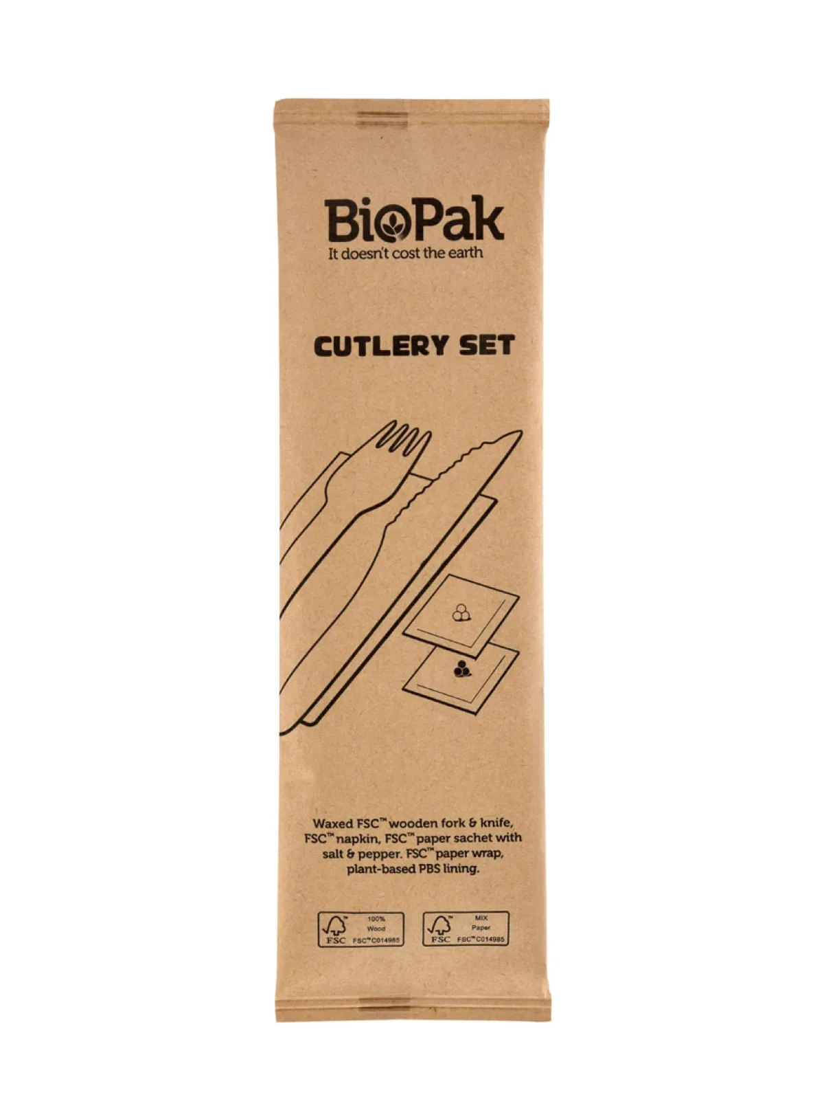 Holzbesteck>DUNI Messer, Gabel, Pfeffer/Salz, braune Serviette 16/16,5 cm Natürlich