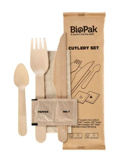 Holzbesteck>DUNI Messer, Gabel, Pfeffer/Salz, braune Serviette 16/16,5/11 cm Natürlich